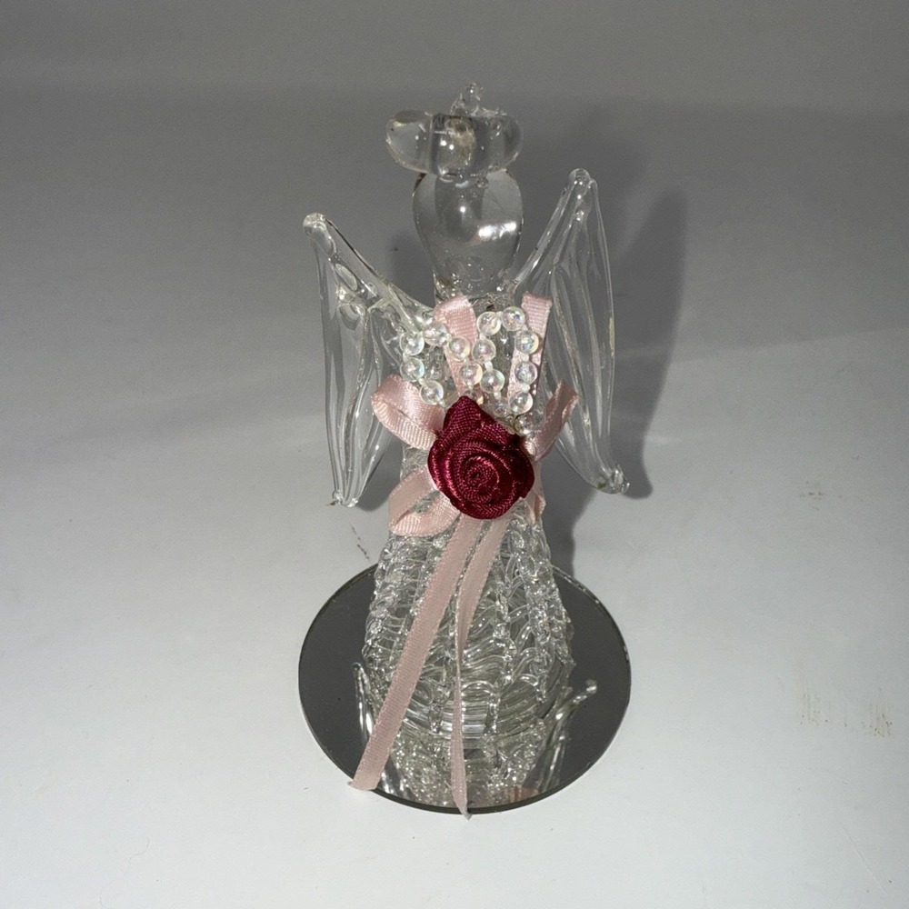 Vintage Lace Spun Glass Angel Figurine With Mirror Base 3.5 Inch